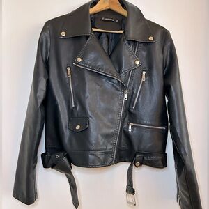 Black faux leather moto jacket. Size L.